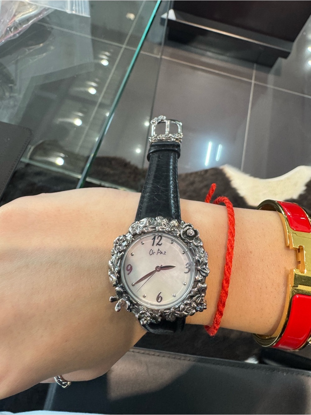 New Or Paz Artisan Floral Bezel Mother-of-Pearl tone Watch w/ black band